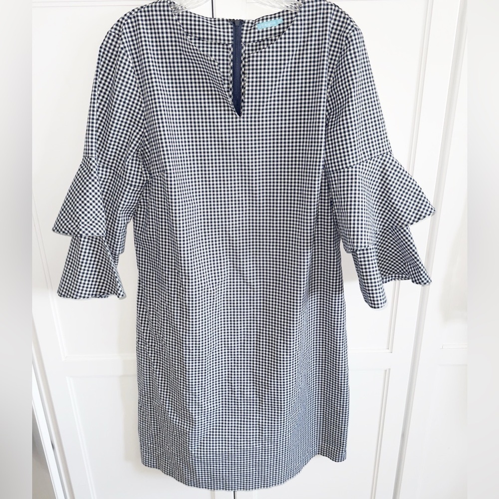 J. McLaughlin Letty Bell Navy/White Sz XL Gingham Ruffle Sleeve Dress Career - Picture 2 of 11